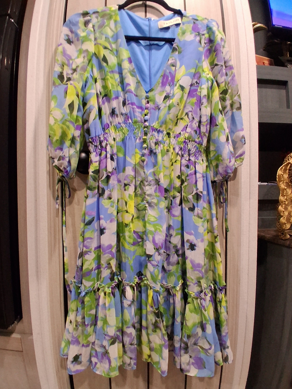 Taylor Floral V-Neck Midi Dress in Blue, Green & Purple